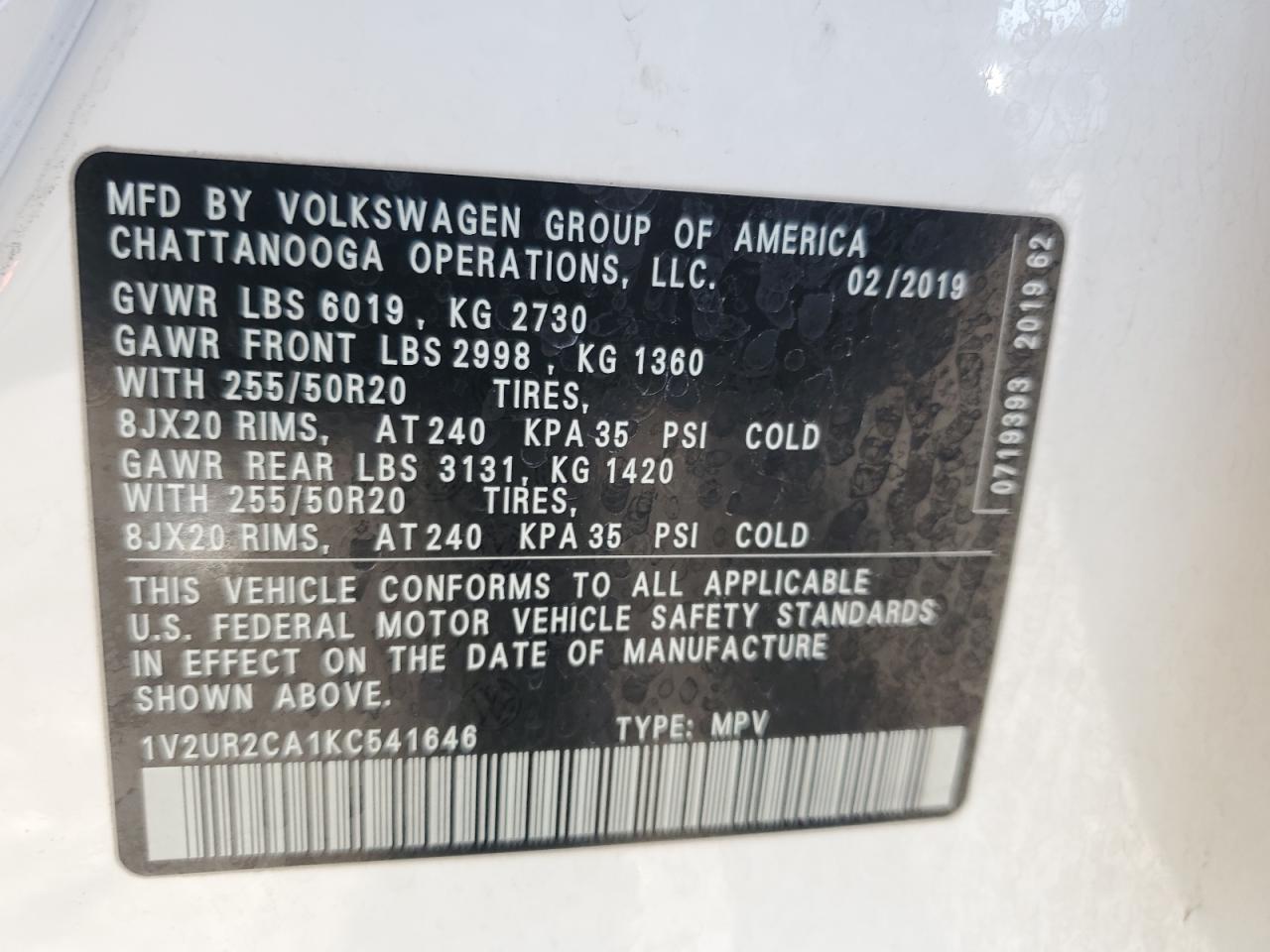 2019 Volkswagen Atlas Se VIN: 1V2UR2CA1KC541646 Lot: 63319015