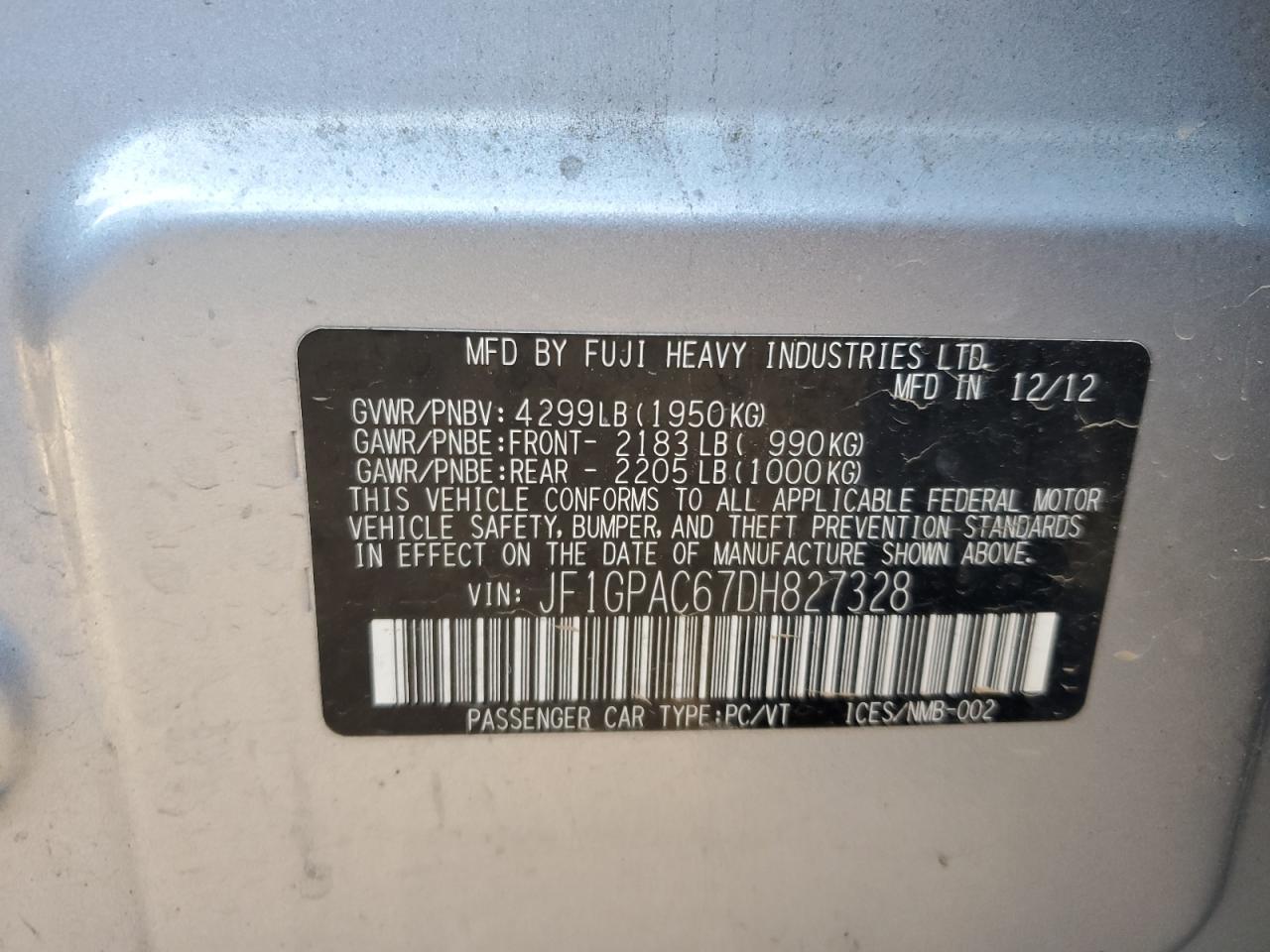 2013 Subaru Impreza Premium VIN: JF1GPAC67DH827328 Lot: 65269205