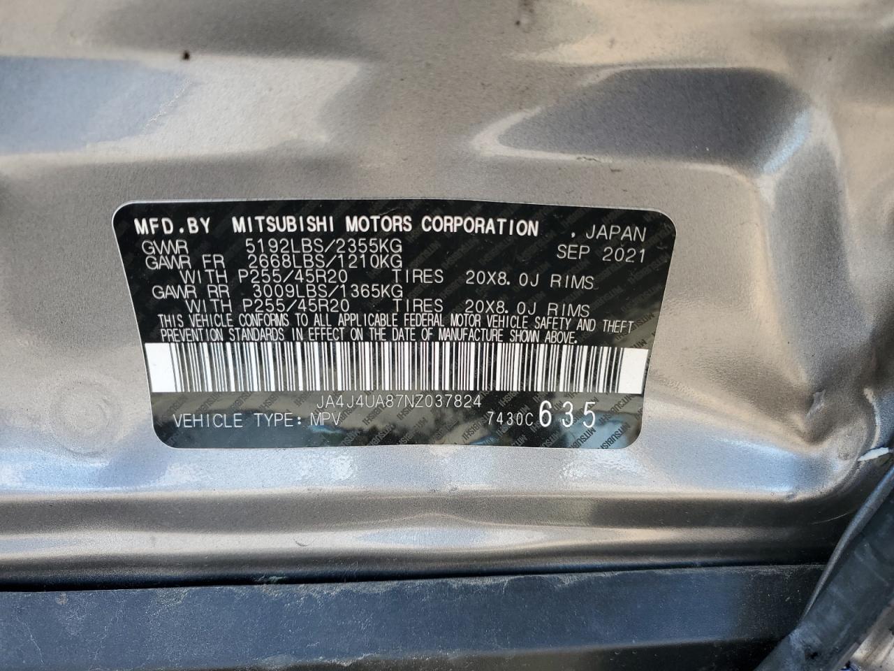 2022 Mitsubishi Outlander Se VIN: JA4J4UA87NZ037824 Lot: 64004055