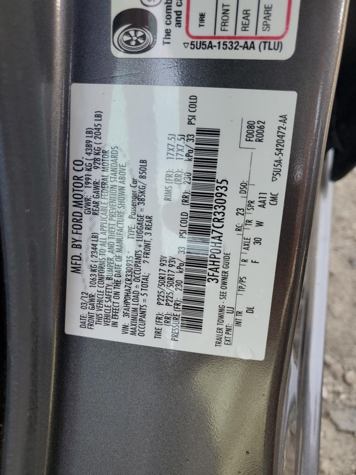 2012 Ford Fusion Se VIN: 3FAHP0HA7CR330935 Lot: 66283615