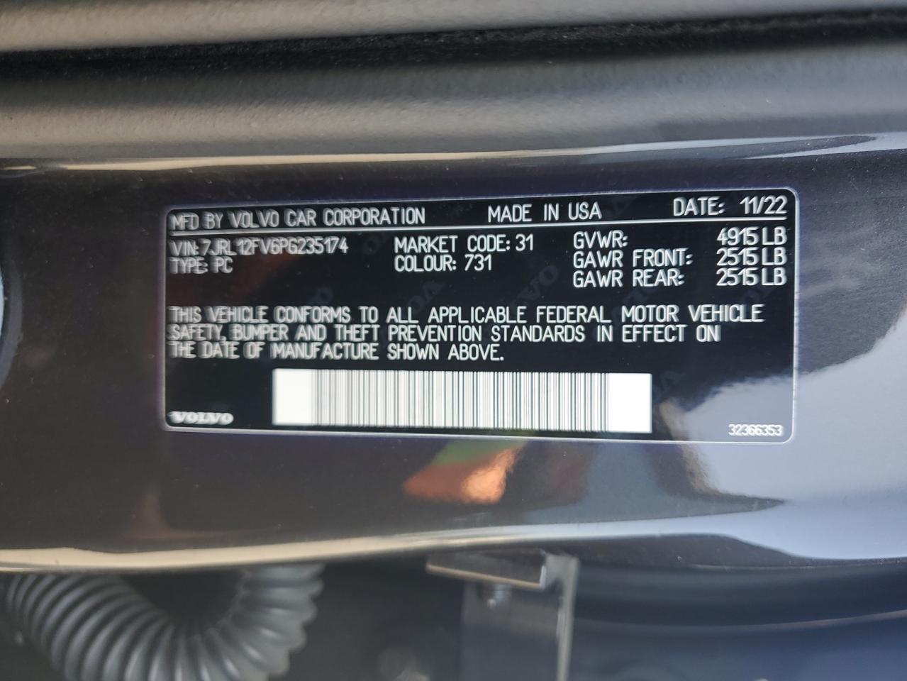 2023 Volvo S60 Core VIN: 7JRL12FV6PG235174 Lot: 63232905