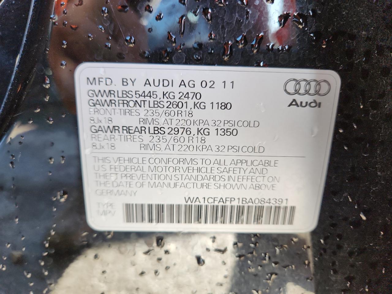2011 Audi Q5 Premium VIN: WA1CFAFP1BA084391 Lot: 63499725