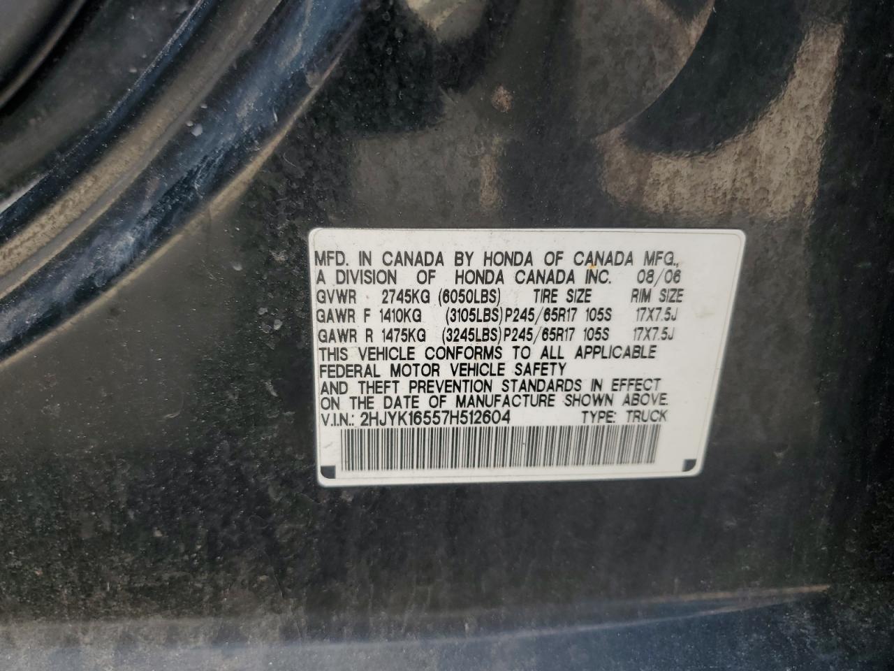 2007 Honda Ridgeline Rtl VIN: 2HJYK16557H512604 Lot: 63397885