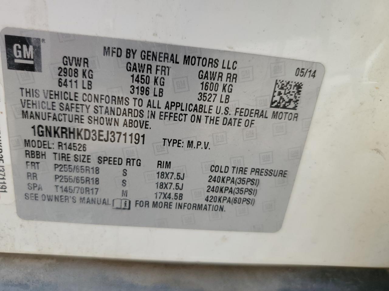 2014 Chevrolet Traverse Lt VIN: 1GNKRHKD3EJ371191 Lot: 62769275