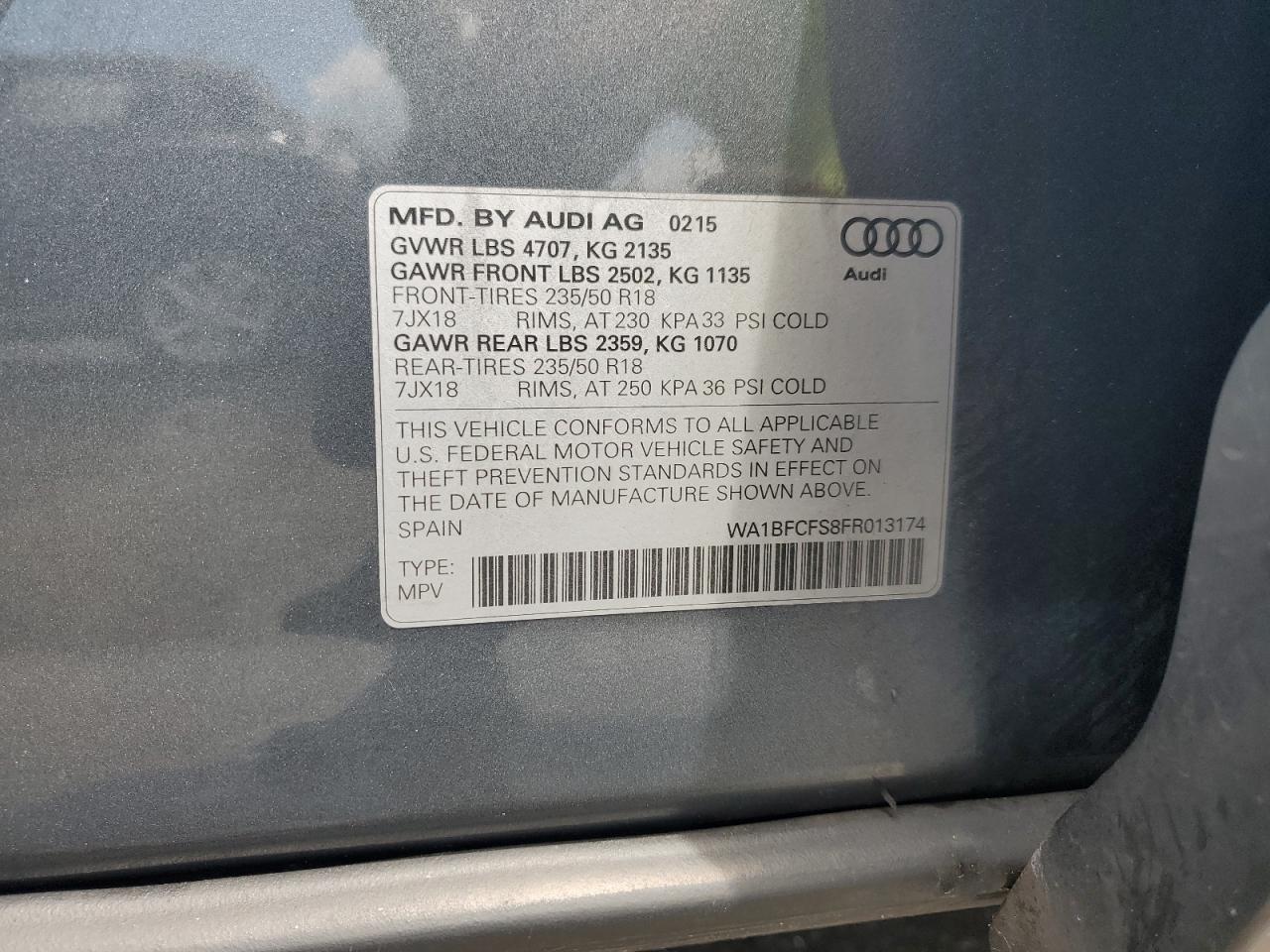 2015 Audi Q3 Premium Plus VIN: WA1BFCFS8FR013174 Lot: 63788815