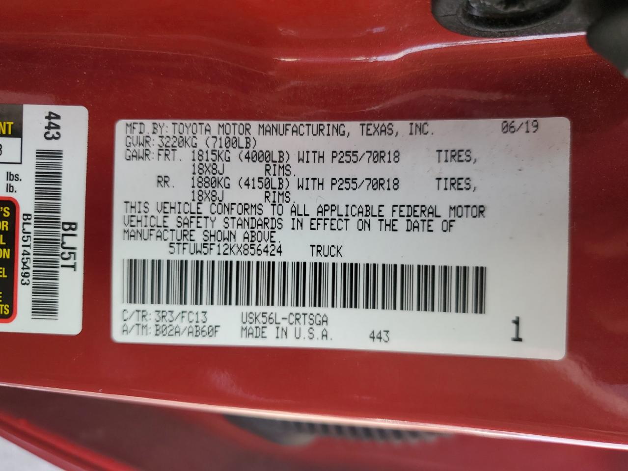 2019 Toyota Tundra Double Cab Sr VIN: 5TFUW5F12KX856424 Lot: 64008895