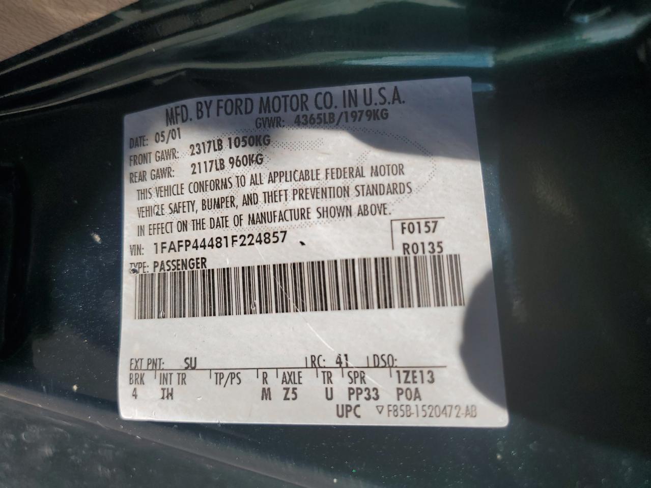 2001 Ford Mustang VIN: 1FAFP44481F224857 Lot: 64238455