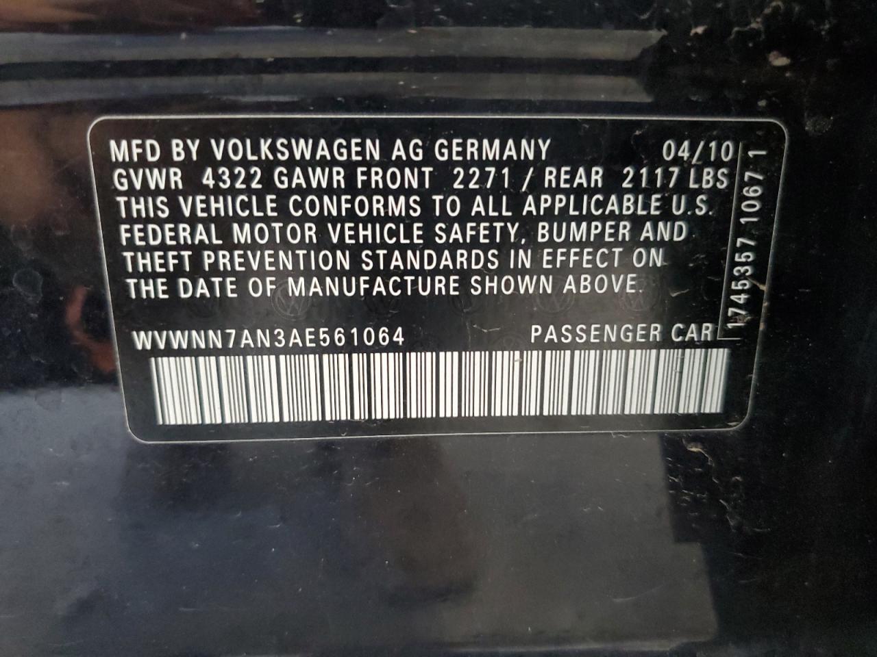 2010 Volkswagen Cc Sport VIN: WVWNN7AN3AE561064 Lot: 63425665