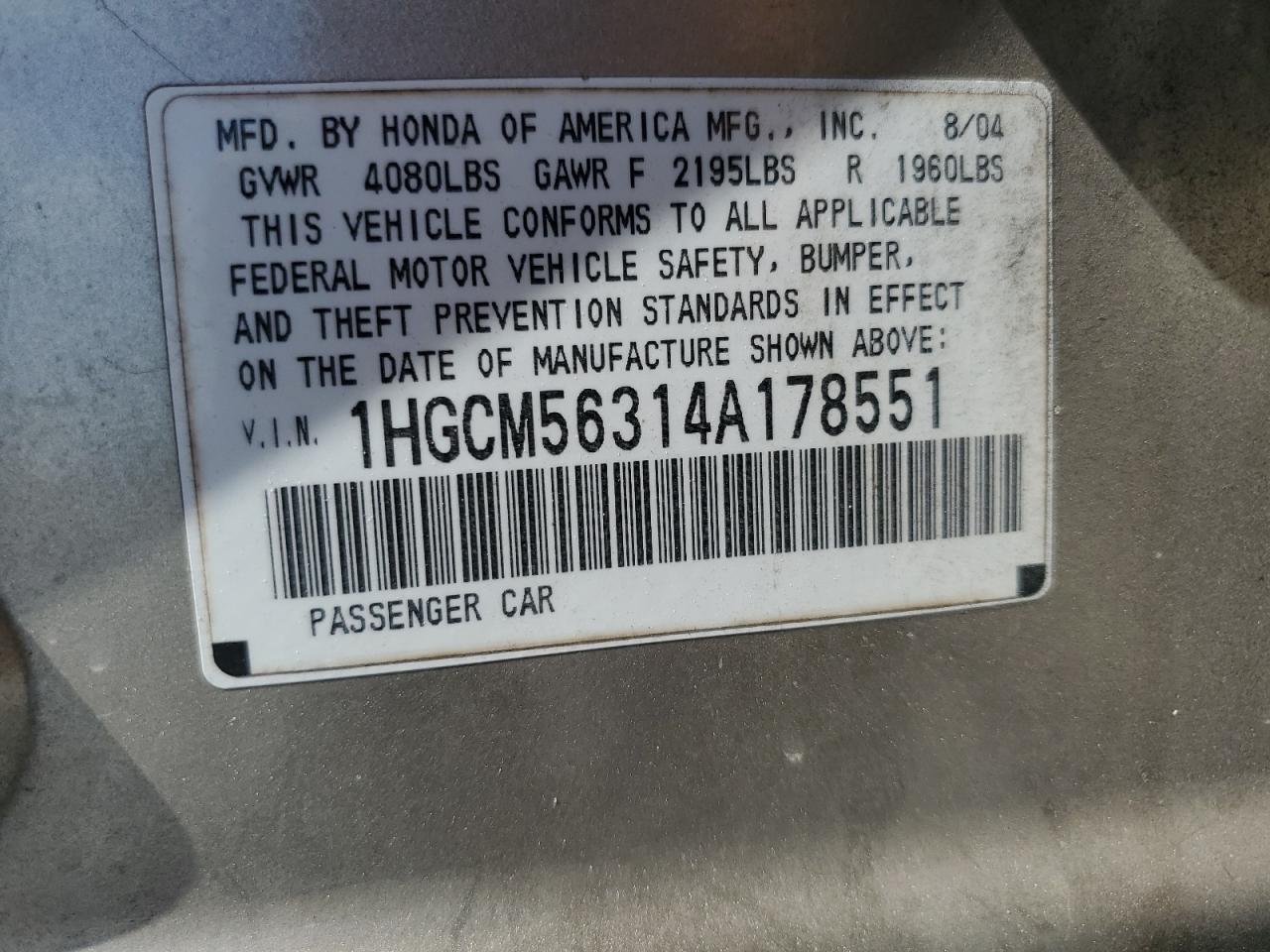 2004 Honda Accord Lx VIN: 1HGCM56314A178551 Lot: 63739115