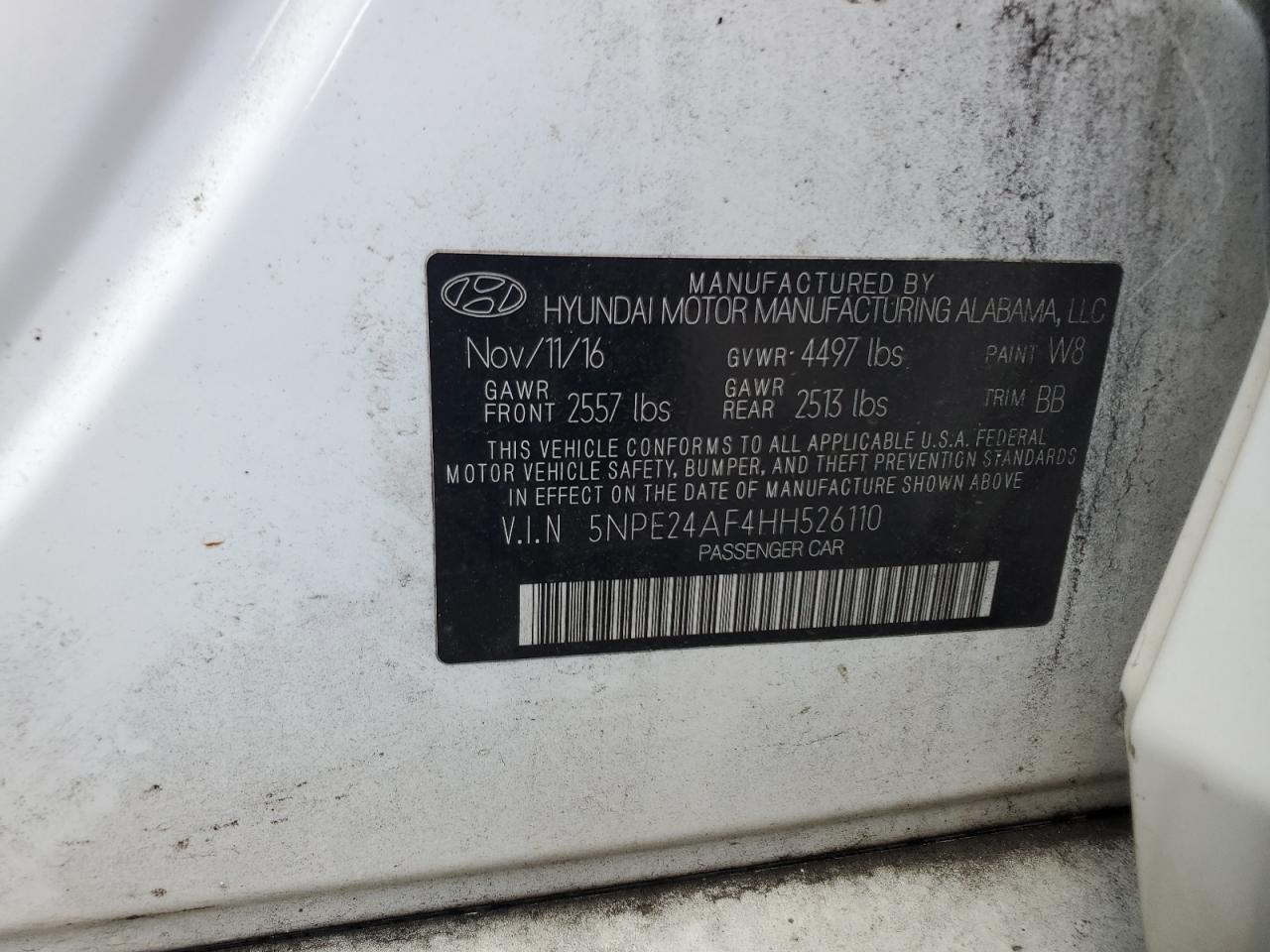 2017 Hyundai Sonata Se VIN: 5NPE24AF4HH526110 Lot: 63851915