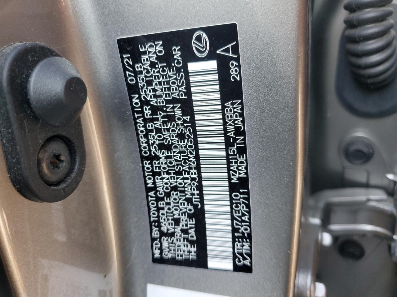 2021 Lexus Ux 250H VIN: JTHP9JBH6M2052514 Lot: 63692075