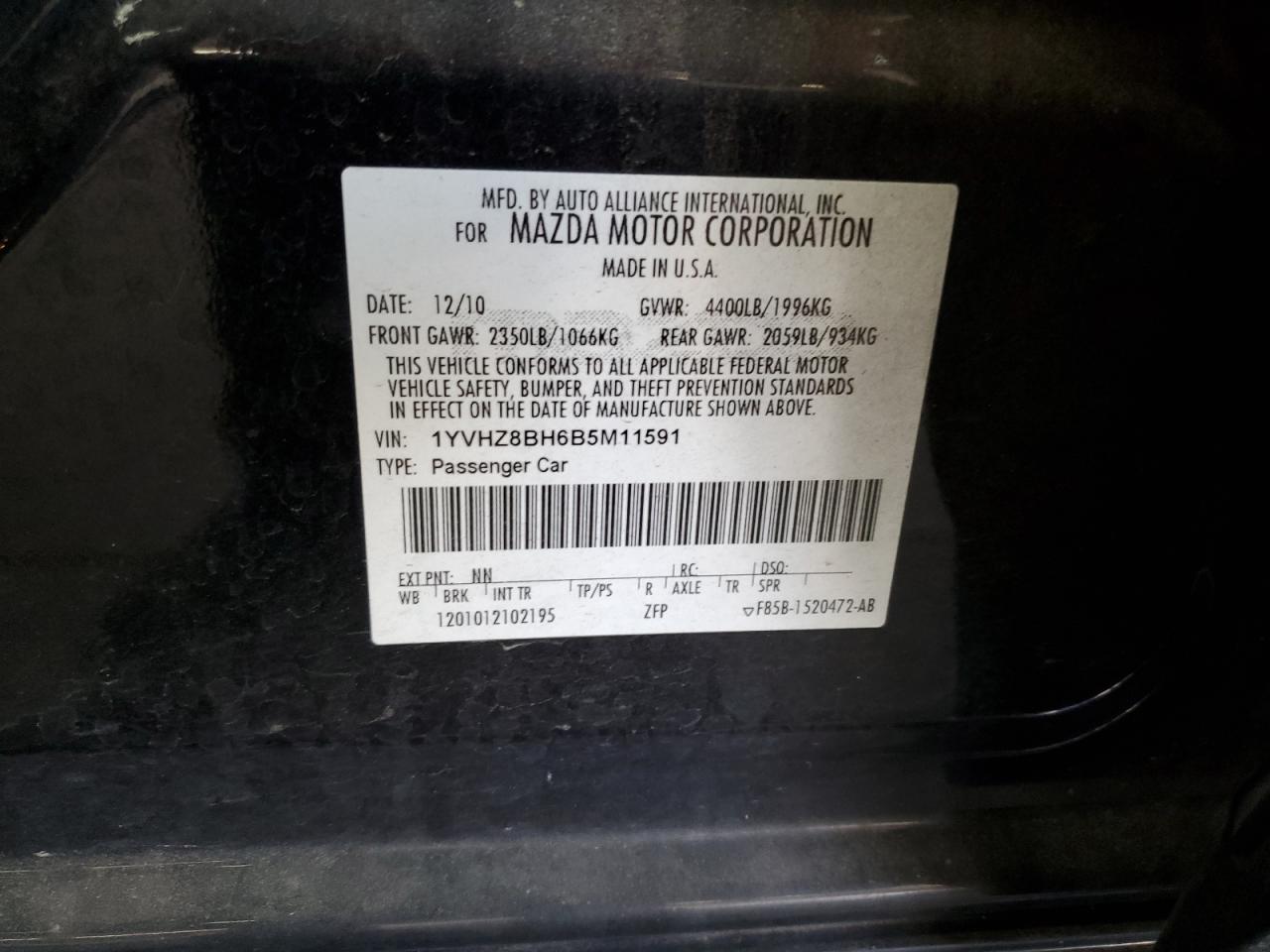 2011 Mazda 6 I VIN: 1YVHZ8BH6B5M11591 Lot: 63970885