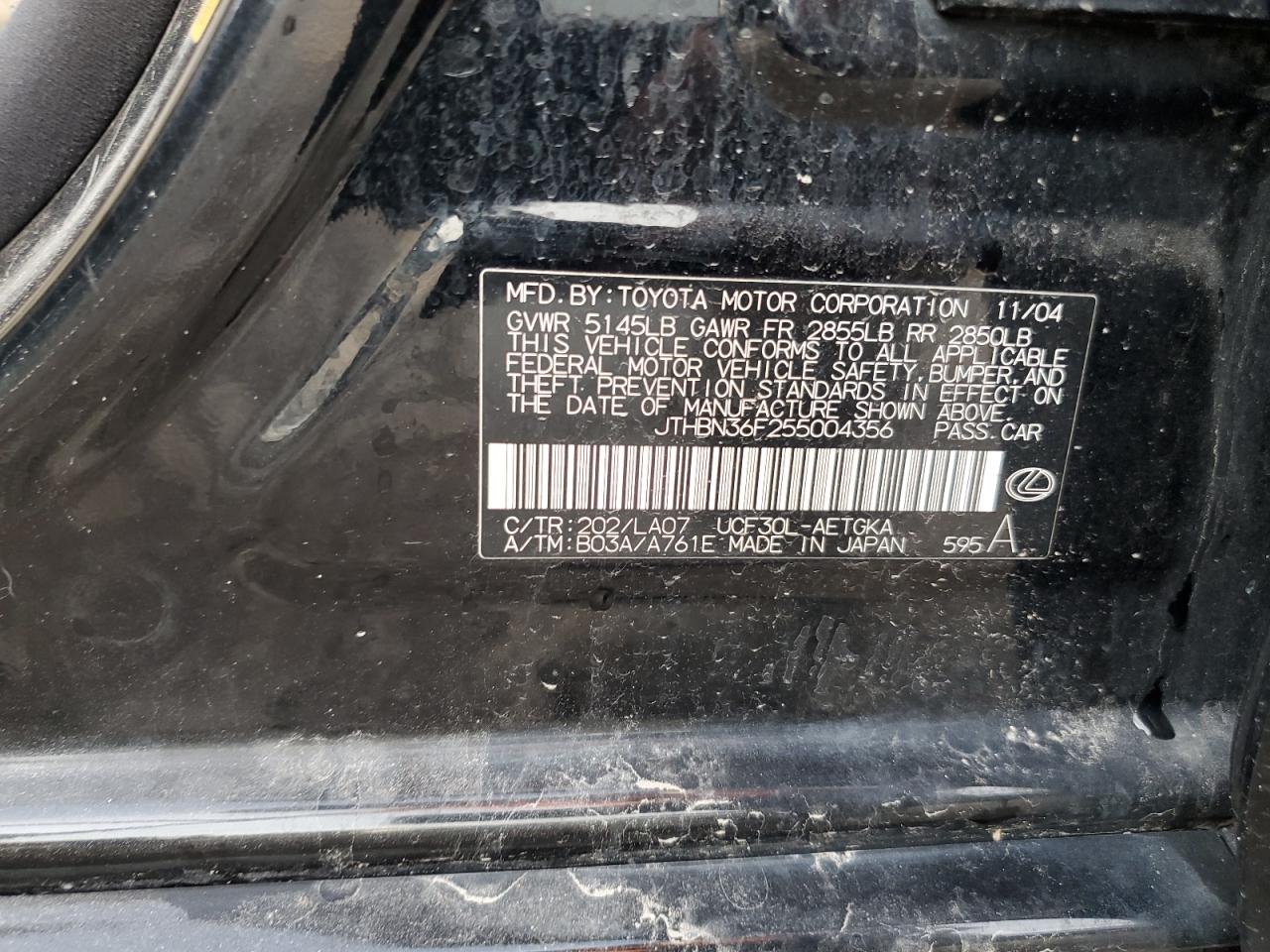 2005 Lexus Ls 430 VIN: JTHBN36F255004356 Lot: 64833135