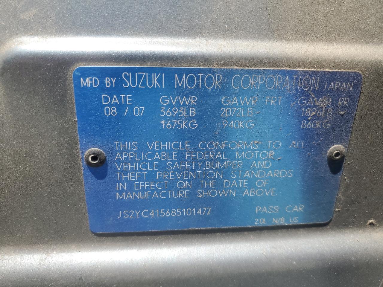 js2yc415685101477 JS2YC415685101477 2008 Suzuki Sx4 Convenience