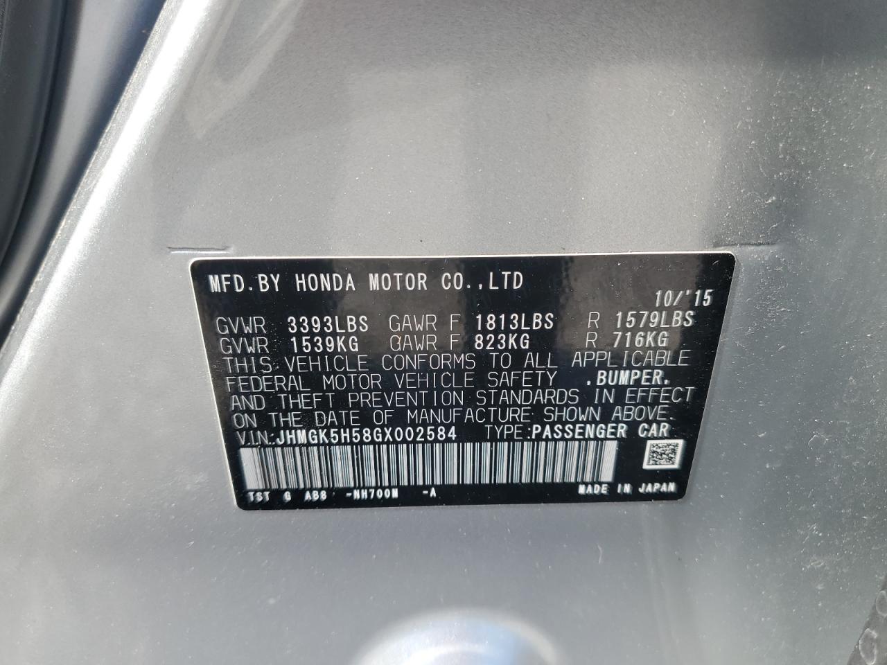 2016 Honda Fit Lx VIN: JHMGK5H58GX002584 Lot: 63403425