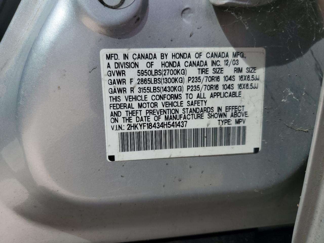 2004 Honda Pilot Ex VIN: 2HKYF18434H541437 Lot: 62710635