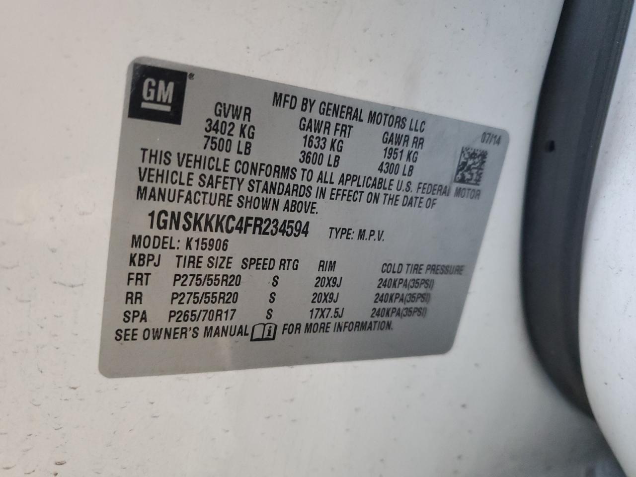 1gnskkkc4fr234594 1GNSKKKC4FR234594 2015 Chevrolet Suburban K1500 Ltz