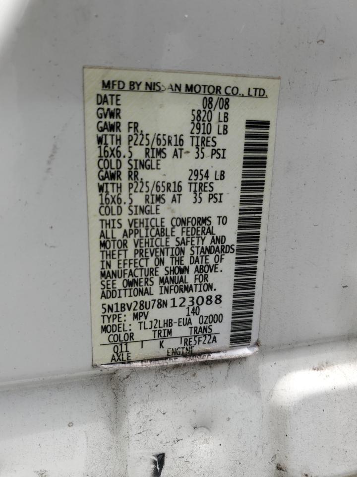 2008 Nissan Quest S VIN: 5N1BV28U78N123088 Lot: 62021765