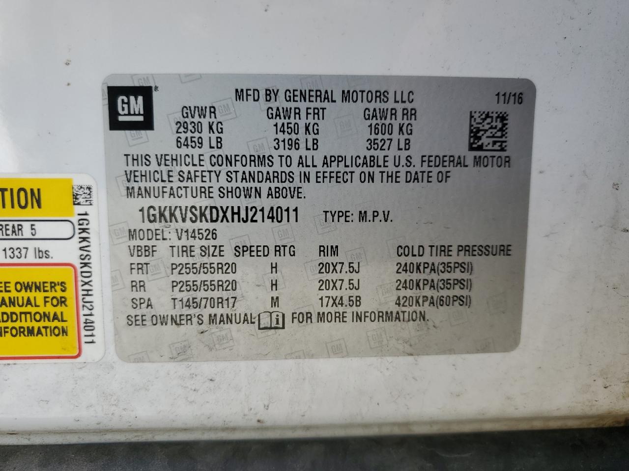 2017 GMC Acadia Limited Slt-2 VIN: 1GKKVSKDXHJ214011 Lot: 65504475