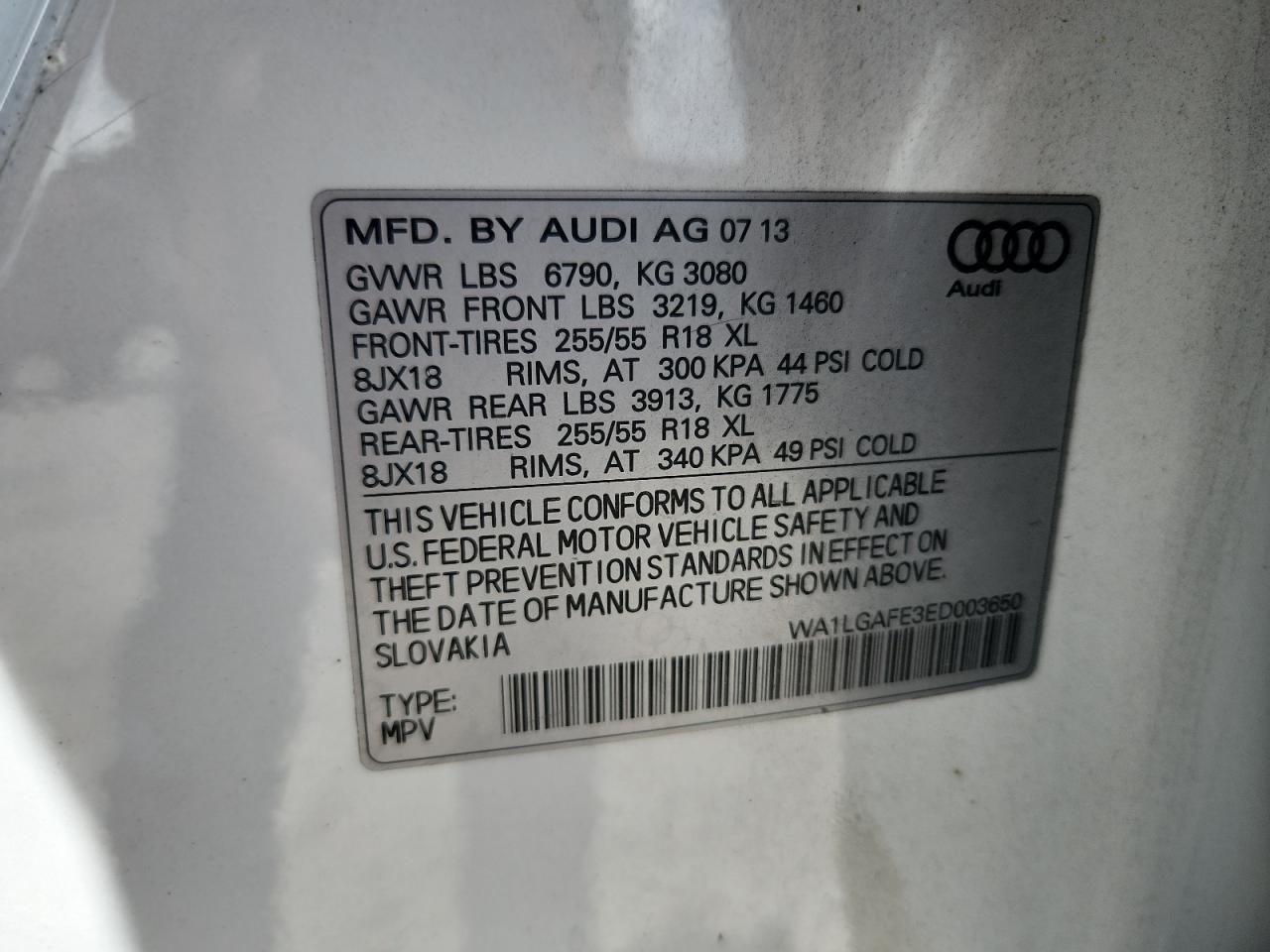 2014 Audi Q7 Premium Plus VIN: WA1LGAFE3ED003650 Lot: 64277325