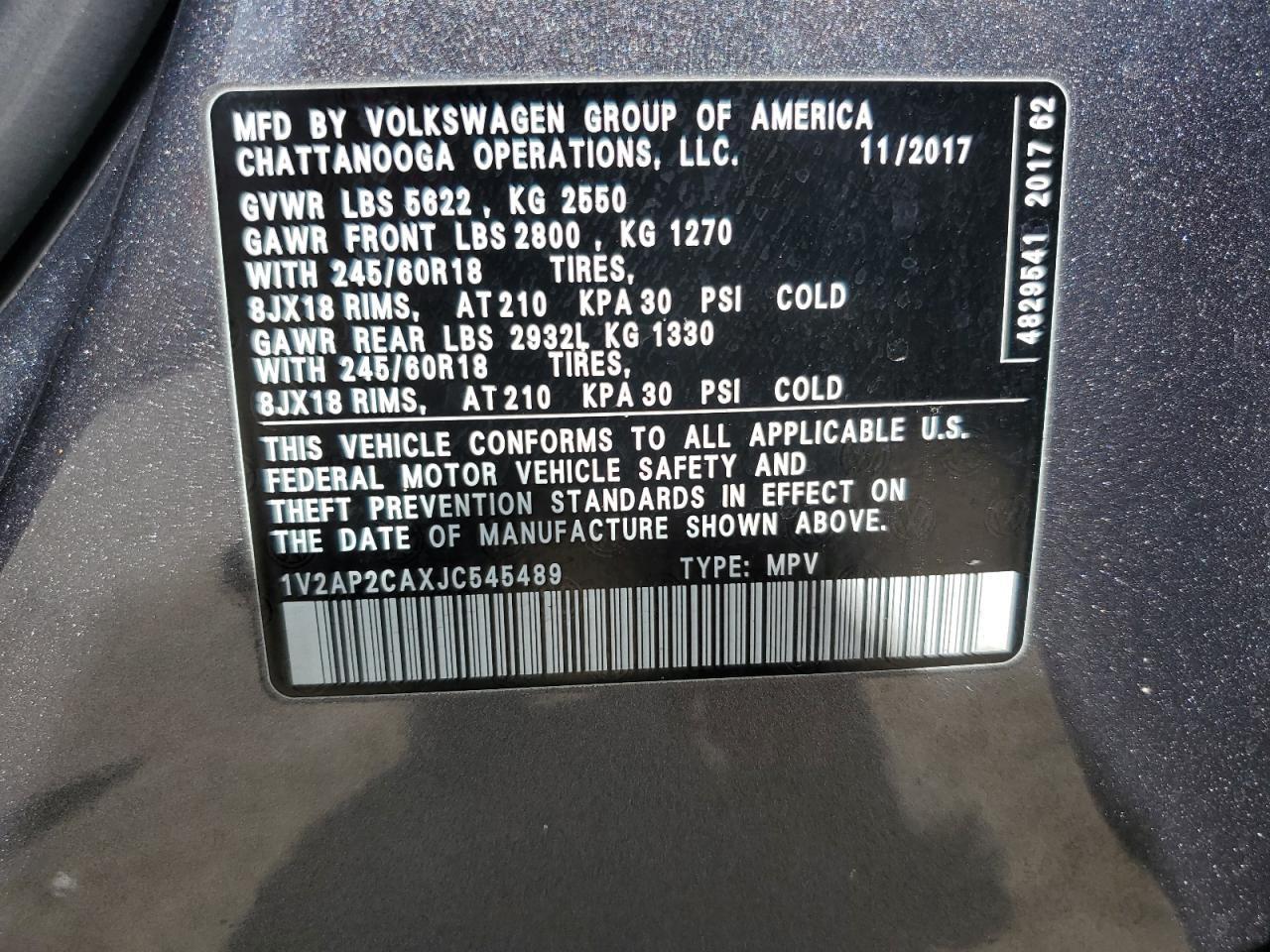 2018 Volkswagen Atlas S VIN: 1V2AP2CAXJC545489 Lot: 63963345