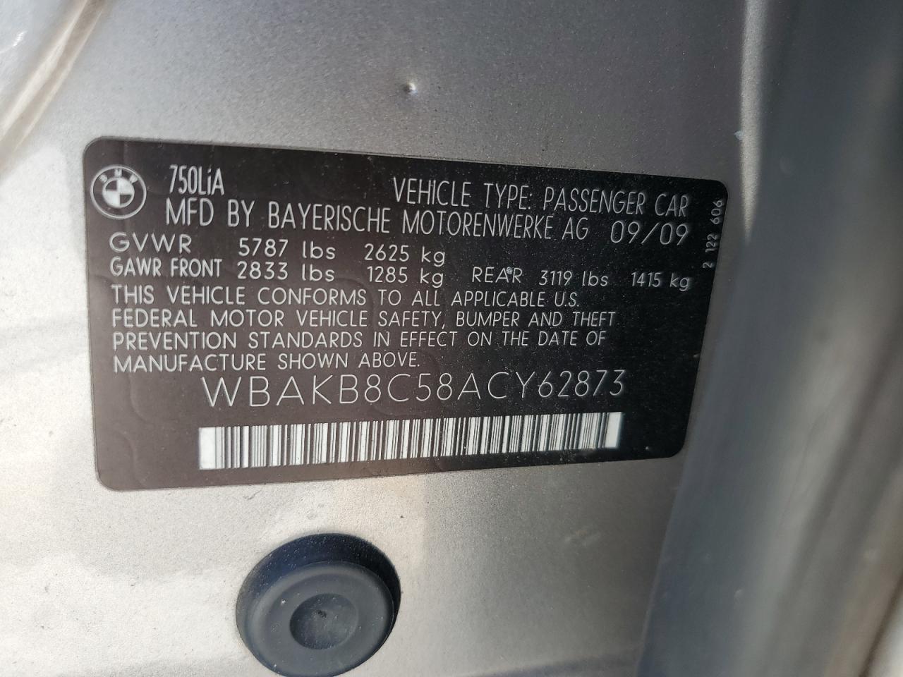 2010 BMW 750 Li VIN: WBAKB8C58ACY62873 Lot: 64665405