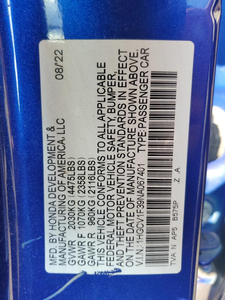 2022 Honda Accord Sport VIN: 1HGCV1F39NA067401 Lot: 66627915