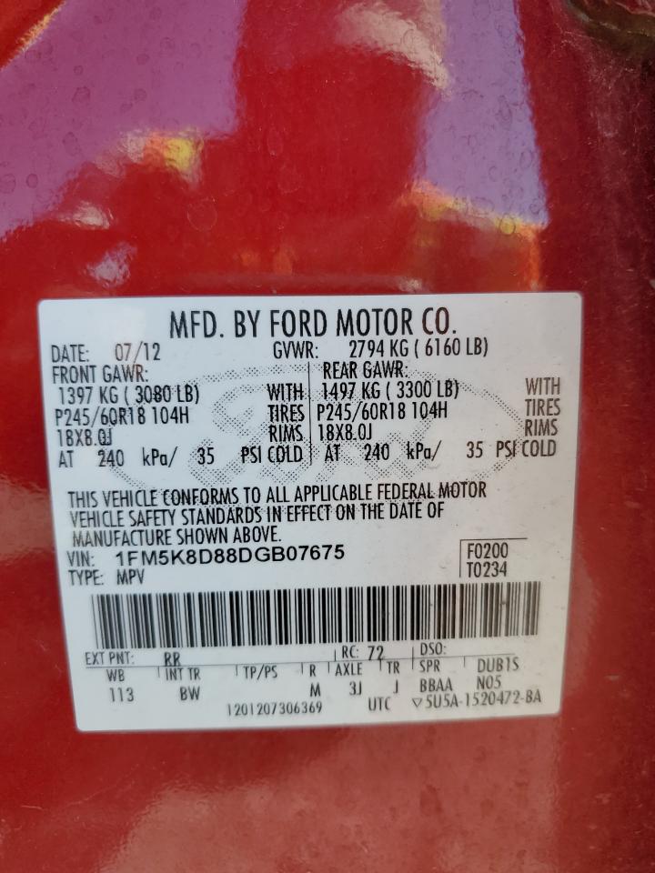 2013 Ford Explorer Xlt VIN: 1FM5K8D88DGB07675 Lot: 65231815