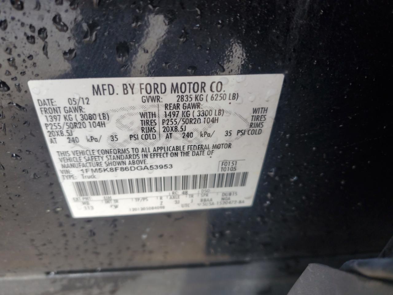 2013 Ford Explorer Limited VIN: 1FM5K8F86DGA53953 Lot: 63107595