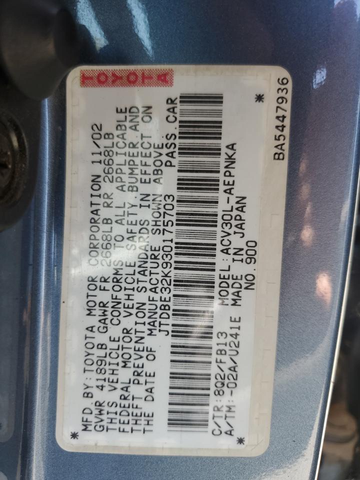 2003 Toyota Camry Le VIN: JTDBE32K930175703 Lot: 64996775