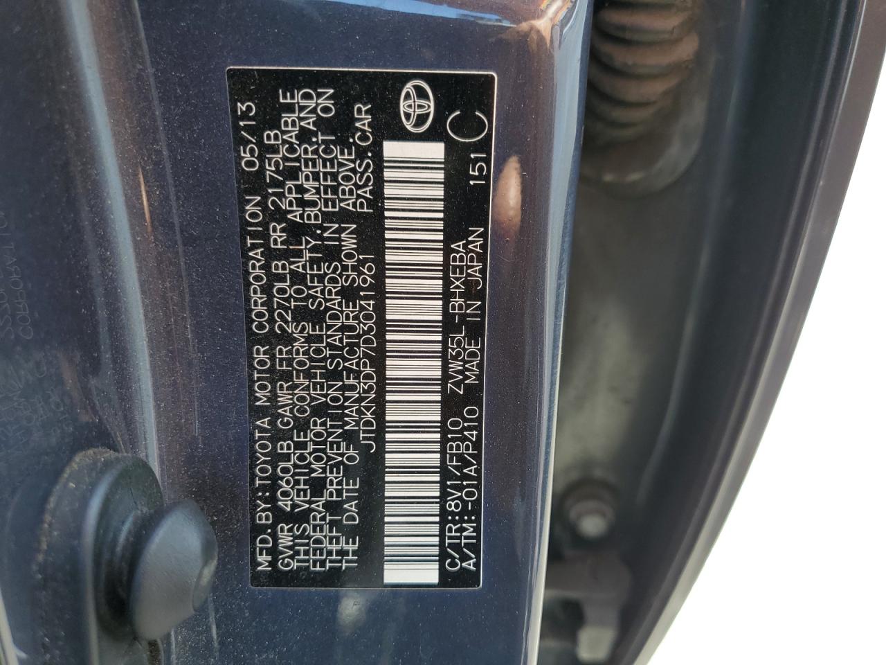 2013 Toyota Prius Plug-In VIN: JTDKN3DP7D3041961 Lot: 63450245