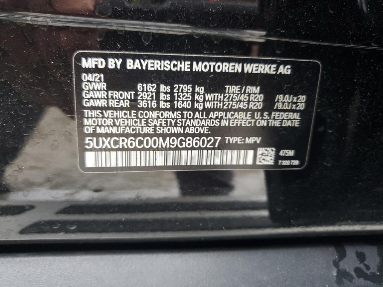2021 BMW X5 xDrive40I VIN: 5UXCR6C00M9G86027 Lot: 63158415