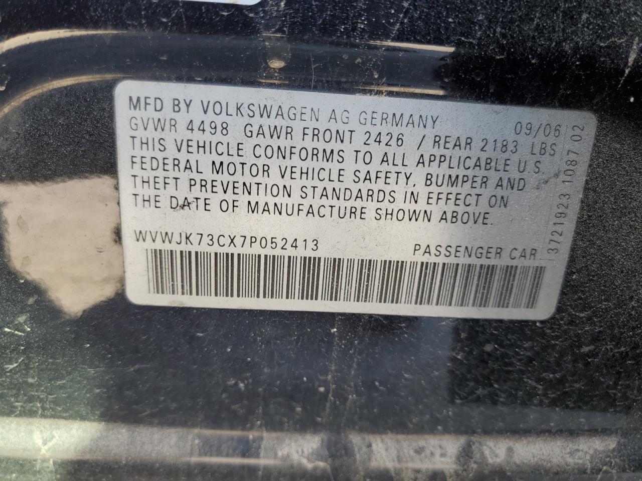 2007 Volkswagen Passat VIN: WVWJK73CX7P052413 Lot: 65759965