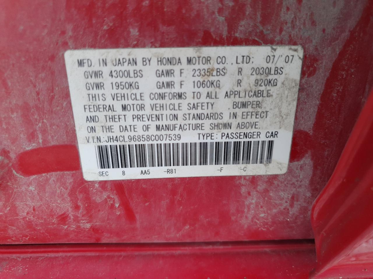 2008 Acura Tsx VIN: JH4CL96858C007539 Lot: 64852605