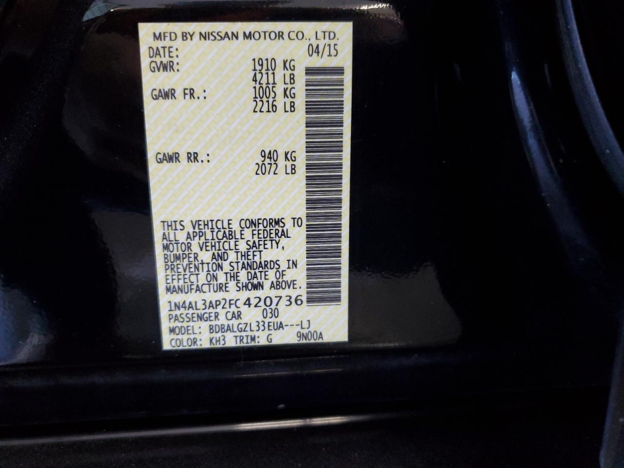 2015 Nissan Altima 2.5 VIN: 1N4AL3AP2FC420736 Lot: 64505065