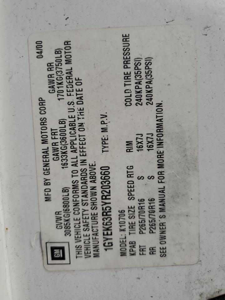 2000 Cadillac Escalade Luxury VIN: 1GYEK63R5YR203660 Lot: 94714305