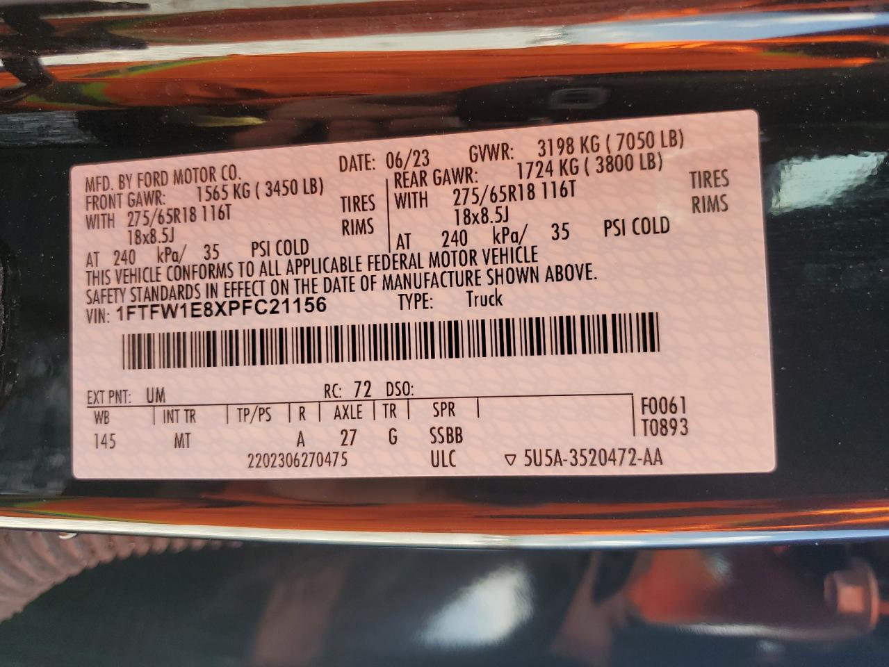 2023 Ford F150 Supercrew VIN: 1FTFW1E8XPFC21156 Lot: 64411495