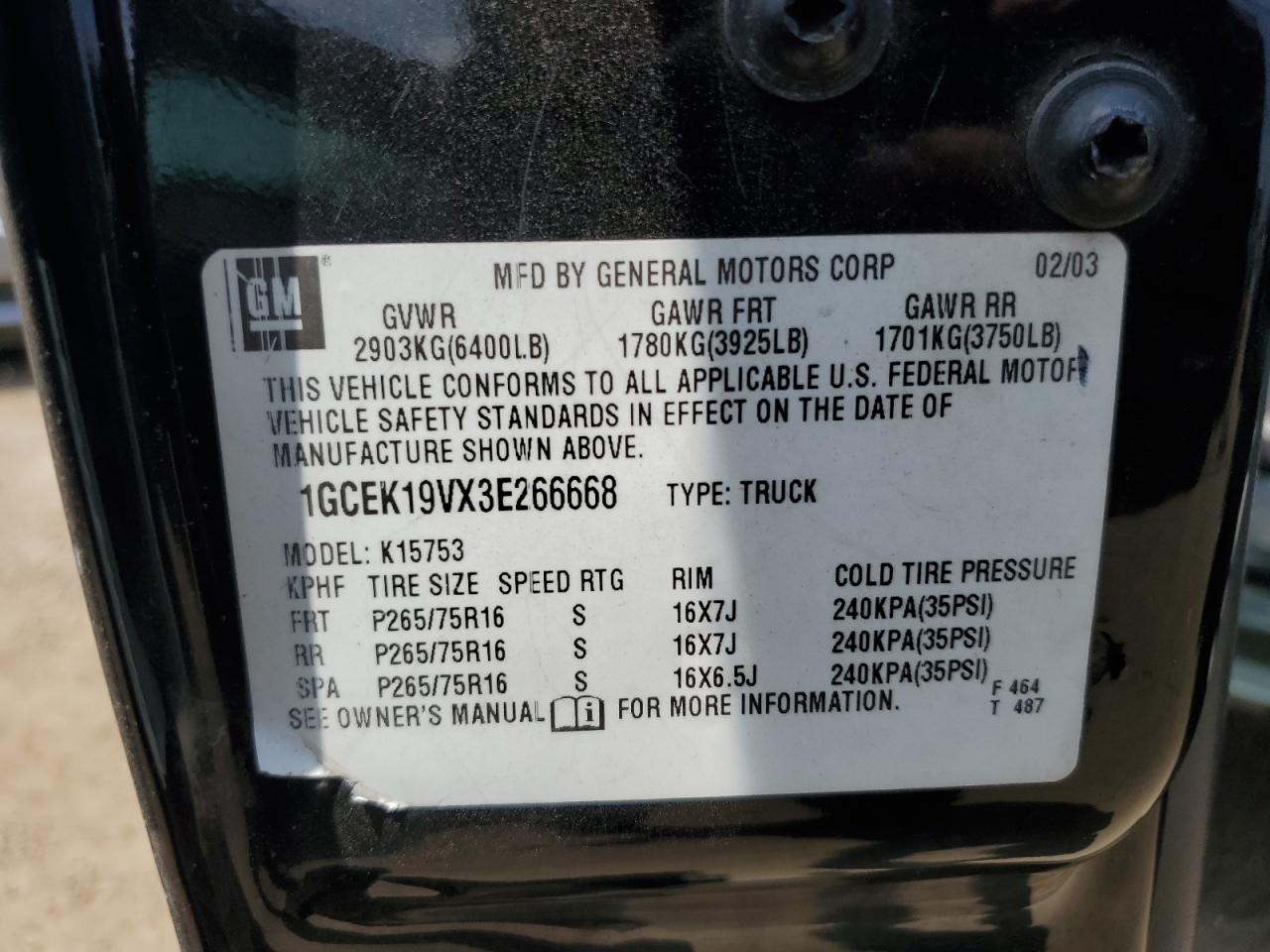 2003 Chevrolet Silverado K1500 VIN: 1GCEK19VX3E266668 Lot: 65921045