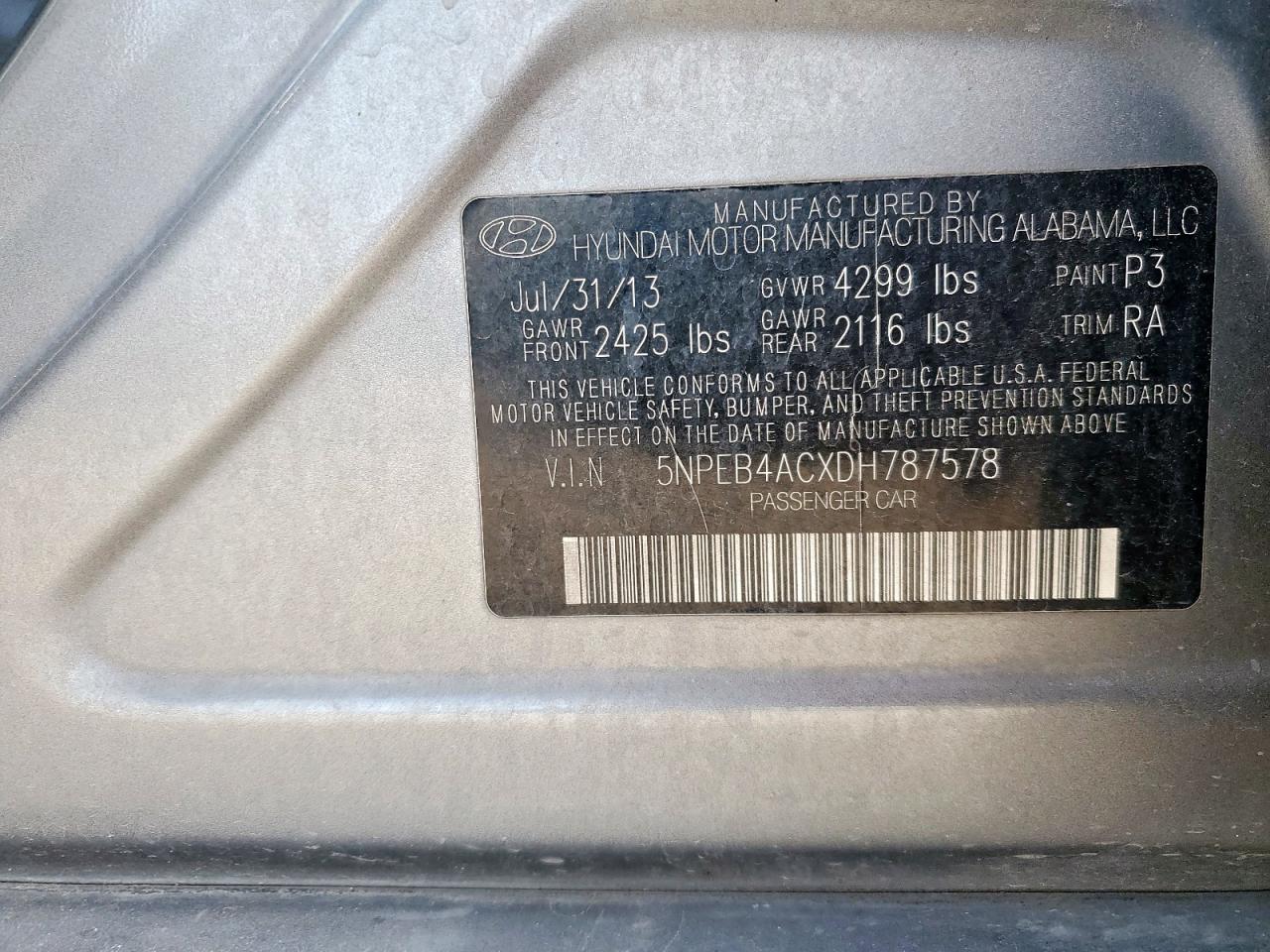 2013 Hyundai Sonata Gls VIN: 5NPEB4ACXDH787578 Lot: 64324435