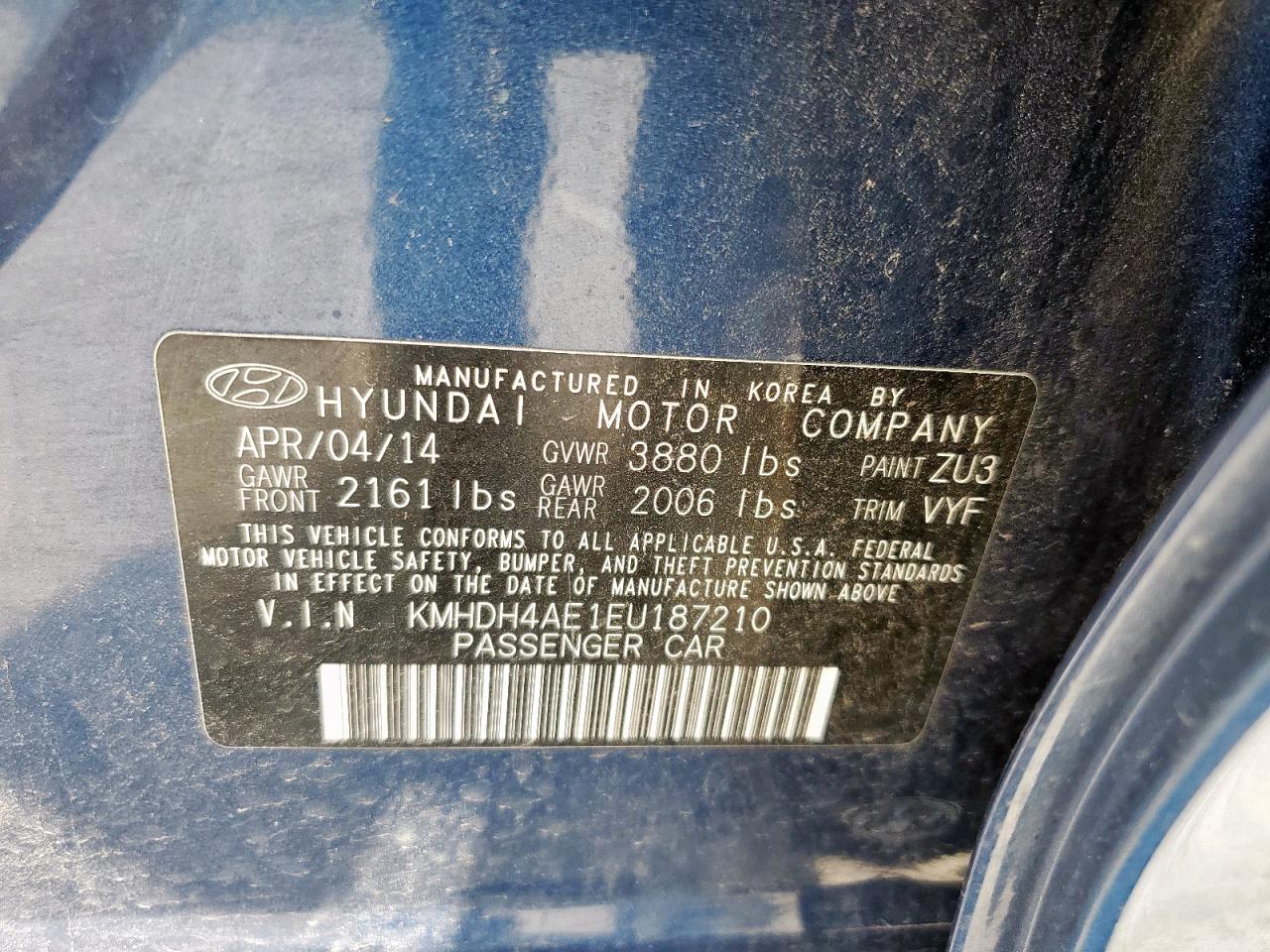 2014 Hyundai Elantra Se VIN: KMHDH4AE1EU187210 Lot: 65141755