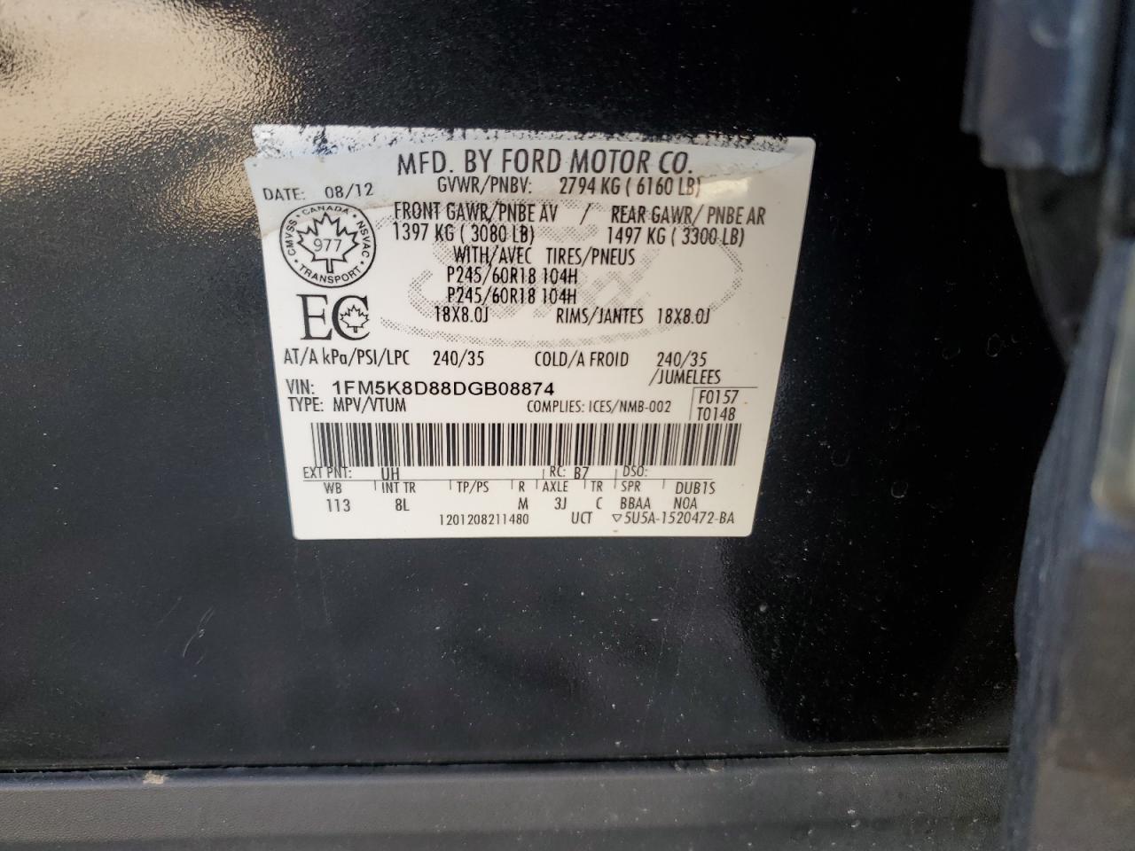 2013 Ford Explorer Xlt VIN: 1FM5K8D88DGB08874 Lot: 65379785