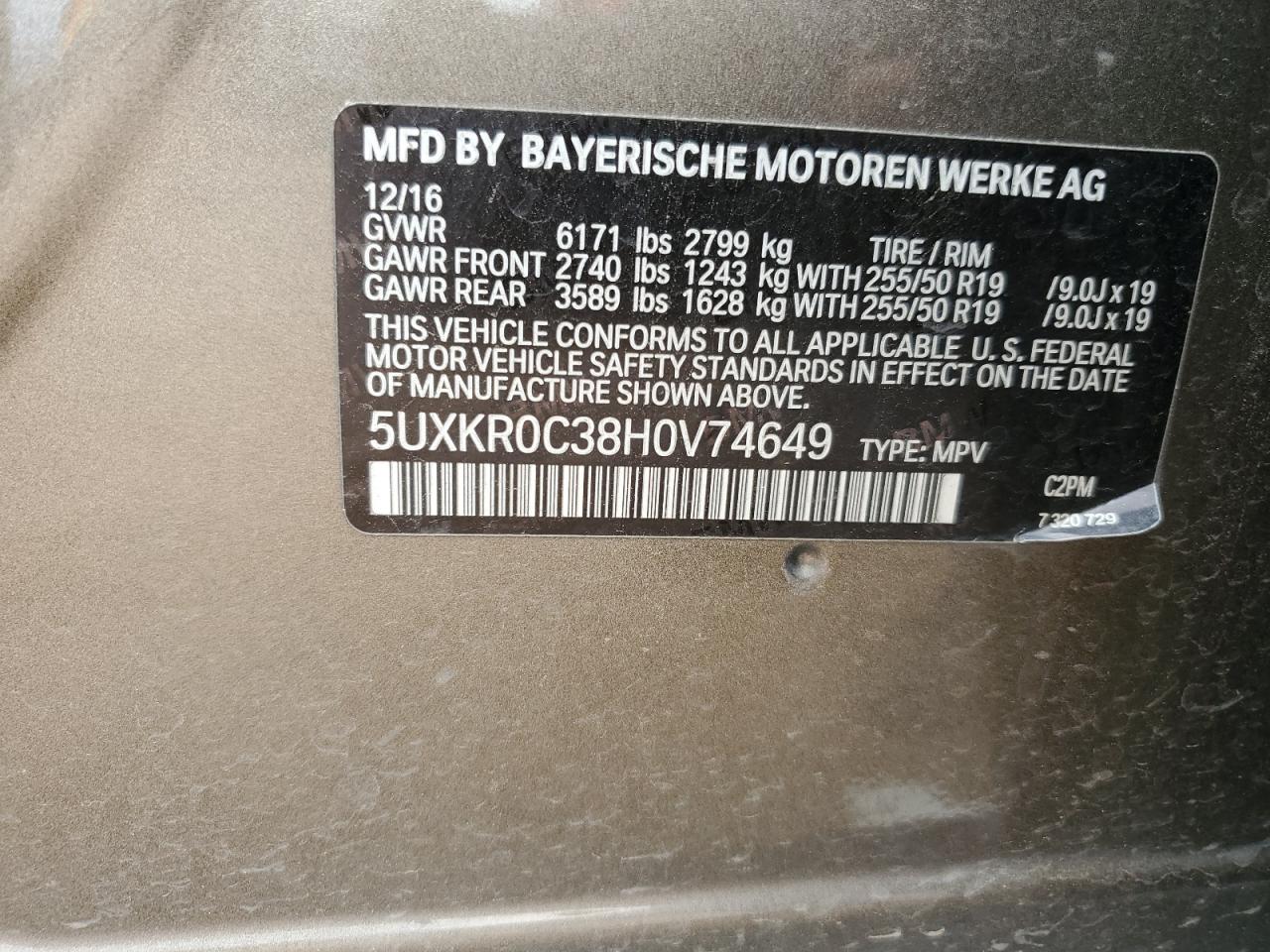 2017 BMW X5 xDrive35I VIN: 5UXKR0C38H0V74649 Lot: 64813565