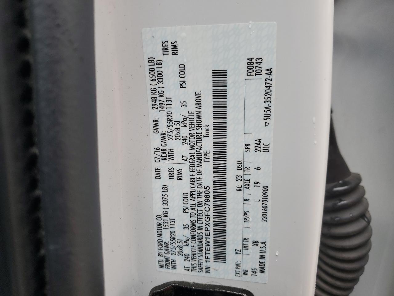 2016 Ford F150 Supercrew VIN: 1FTEW1EPXGFC79805 Lot: 63519865