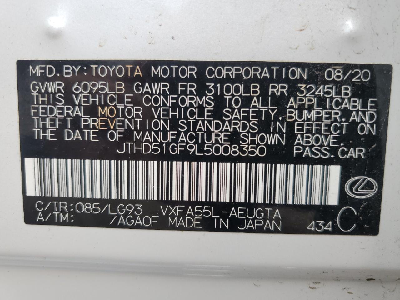 2020 Lexus Ls 500 Base VIN: JTHD51GF9L5008350 Lot: 64978295