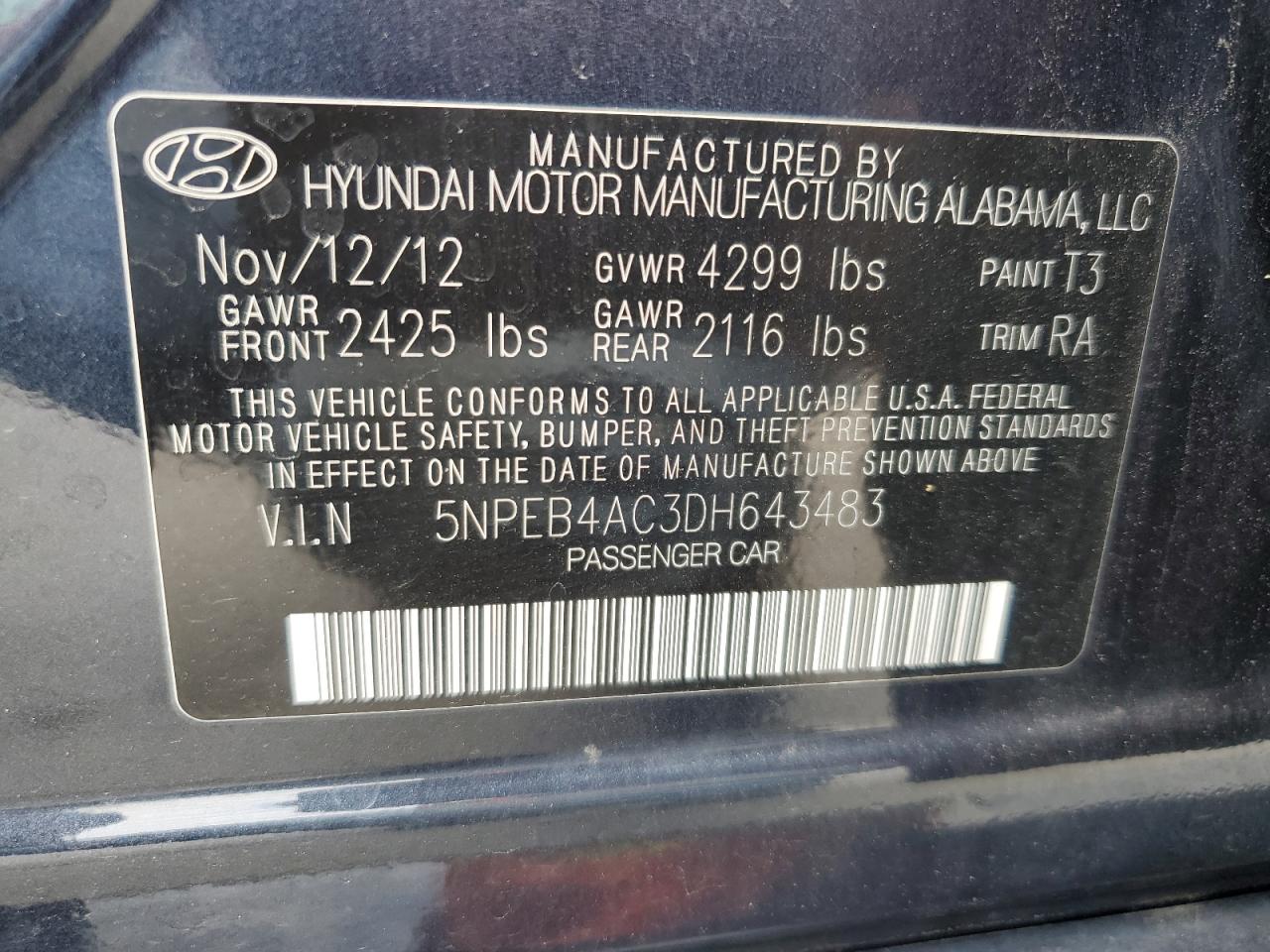 2013 Hyundai Sonata Gls VIN: 5NPEB4AC3DH643483 Lot: 64119665