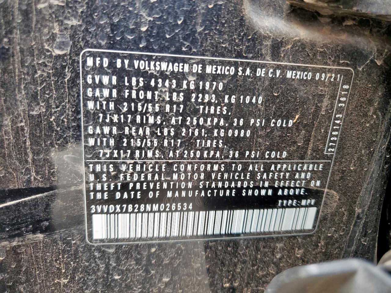 2022 Volkswagen Taos S VIN: 3VVDX7B28NM026534 Lot: 62160245