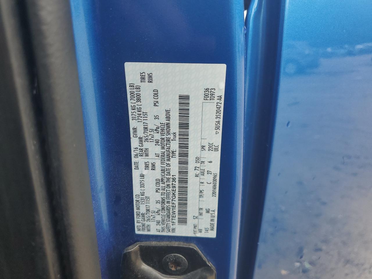 2016 Ford F150 Supercrew VIN: 1FTEW1EF7GKE97361 Lot: 63850705