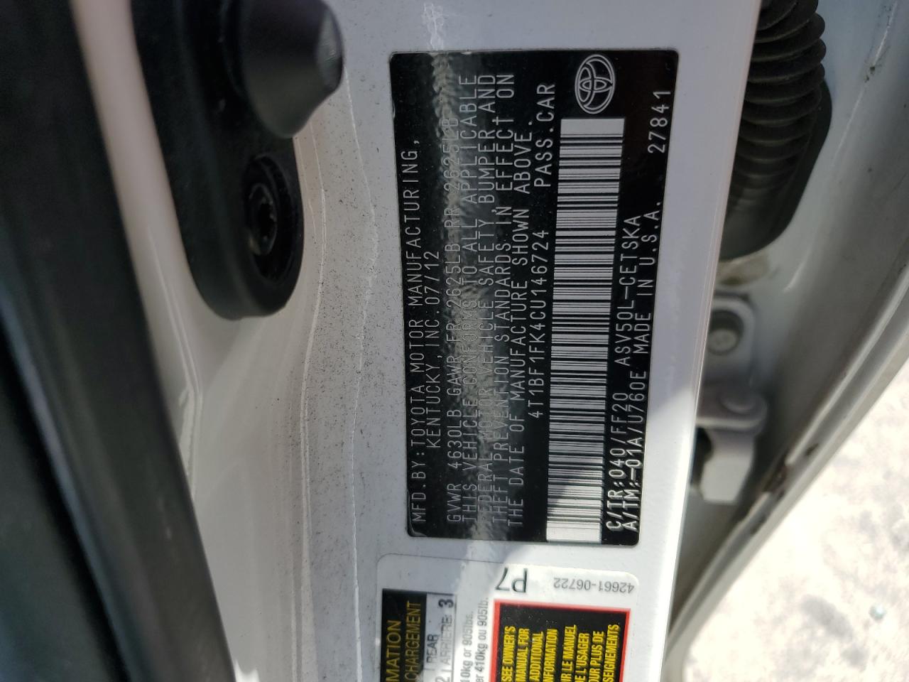 2012 Toyota Camry Base VIN: 4T1BF1FK4CU146724 Lot: 65453495