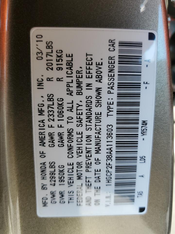 2010 Honda Accord Lx VIN: 1HGCP2F38AA113603 Lot: 64698715