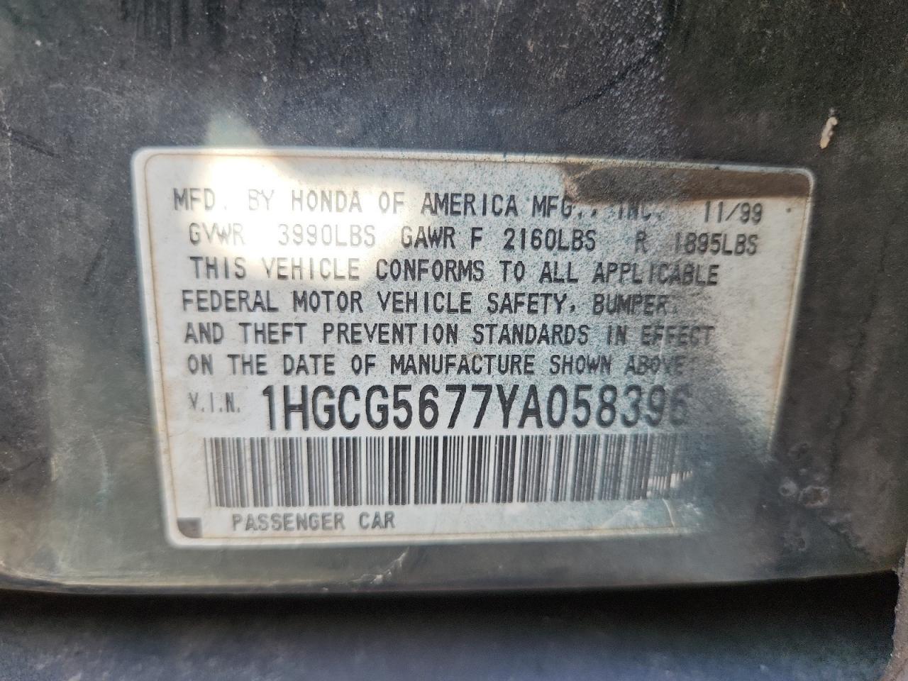 2000 Honda Accord Se VIN: 1HGCG5677YA058396 Lot: 64103895